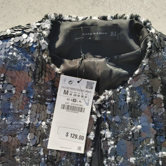 NWT Zara Tweed Black Sequined Open Jacket Blazer. M - Picture 7 of 12